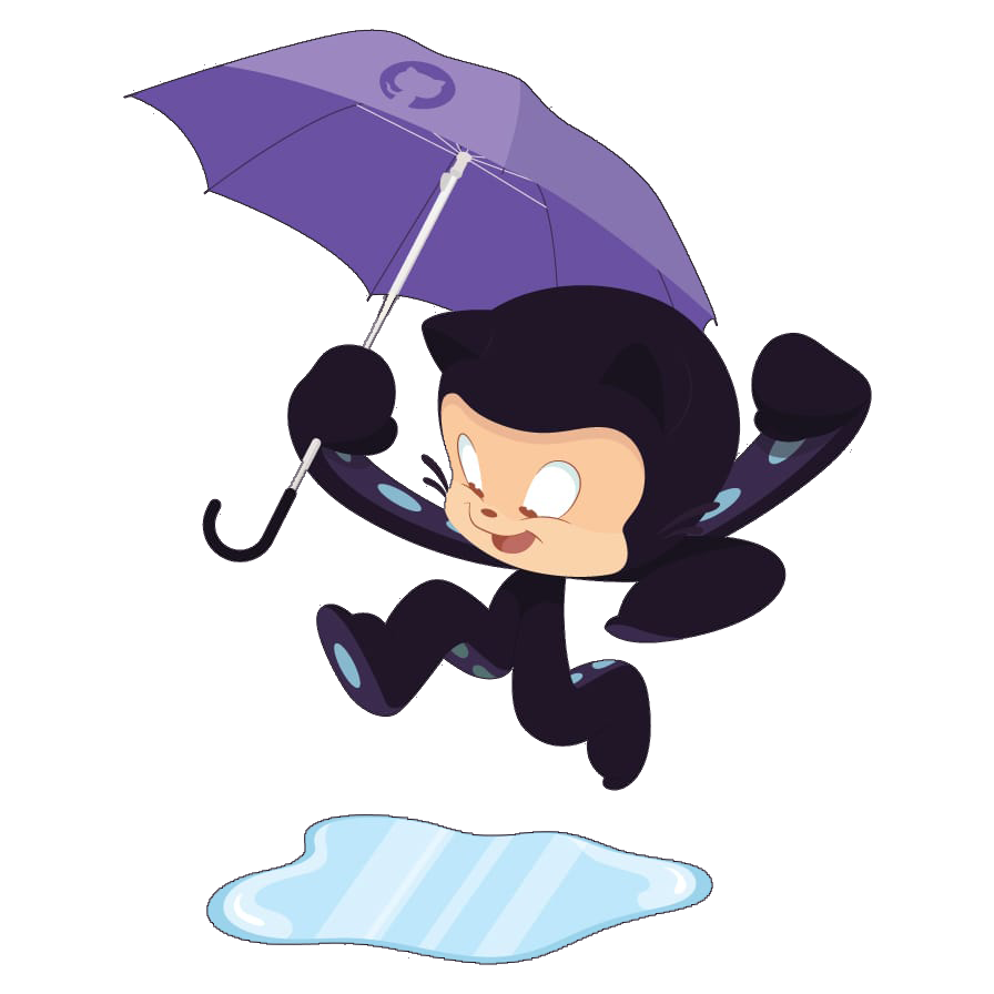 An octocat with a black cat-like appearance, wide eyes, and a big grin, holding a purple umbrella with a GitHub logo on it. The character is mid-jump over a puddle.